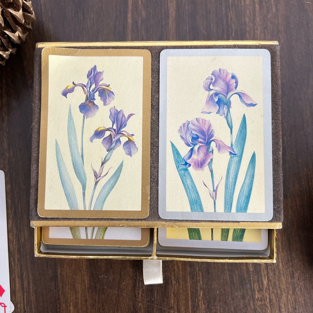 Vintage Spanish-Made Congress Iris Floral Double Deck Playing Cards Box Set